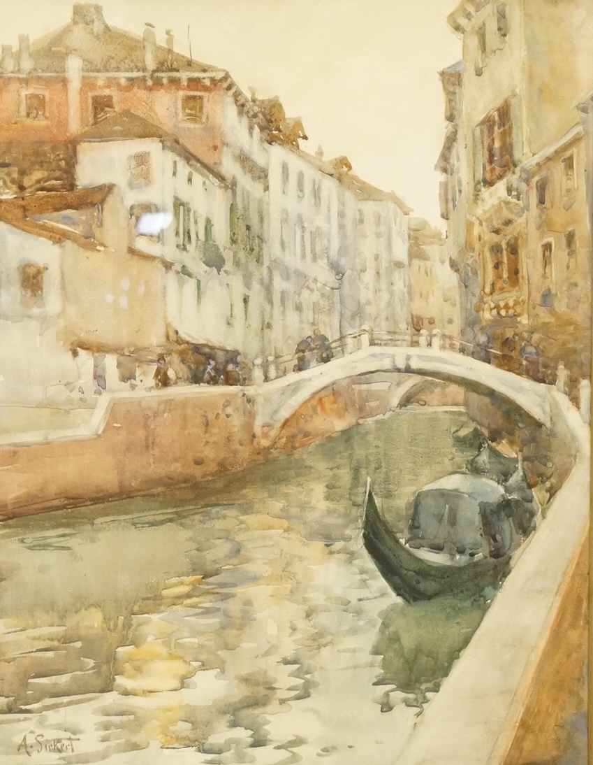 A. Sickert, Venetian canal with gondola, signed, watercolour, 44 x 33cm